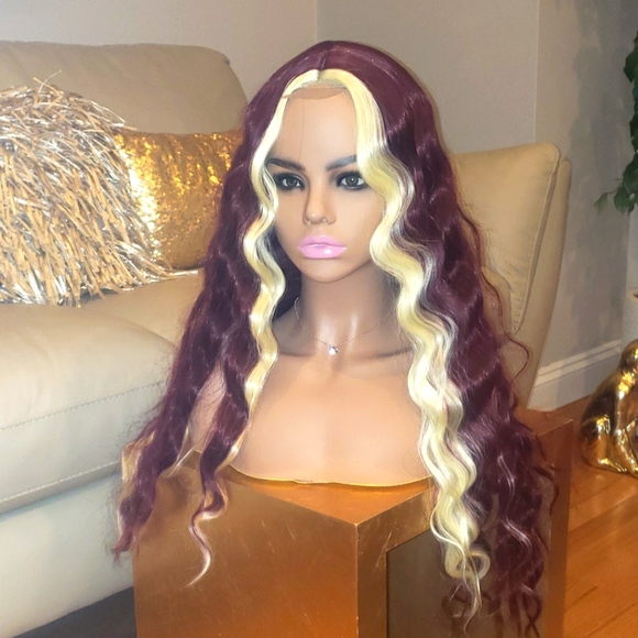 Burgundy Red Blonde Highlights Lace Front Wavey Curly Wig